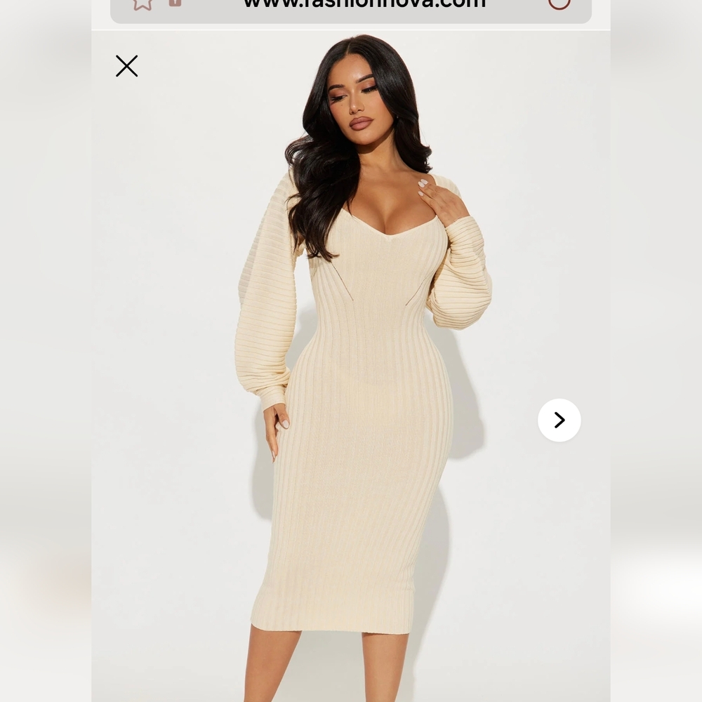 Fashion Nova Beige Long Sleeve Dress